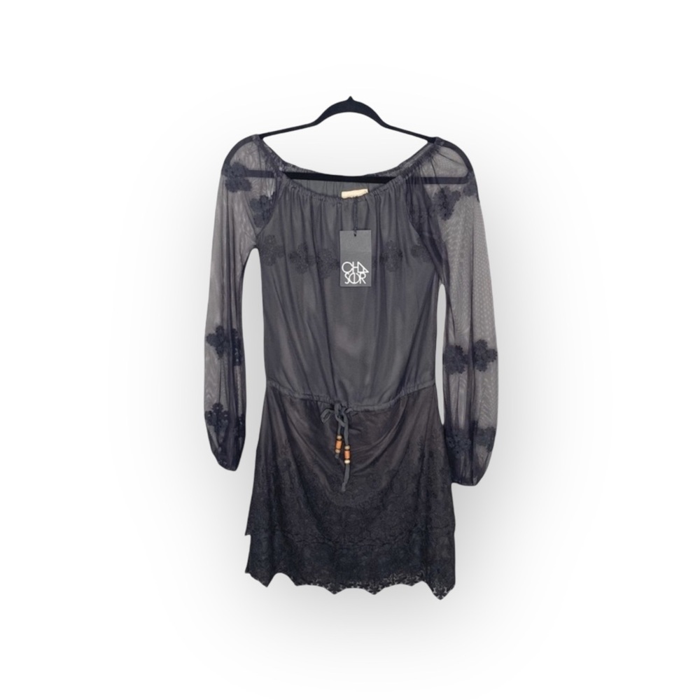 new Chaser ✶ Vintage Inspired Mesh + Lace Off Shouder Mini Dress ✶ Black XS ✶ - Picture 4 of 16